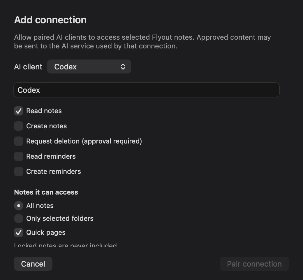 The Add connection sheet in Flyout Settings with the AI client, permissions and note access options