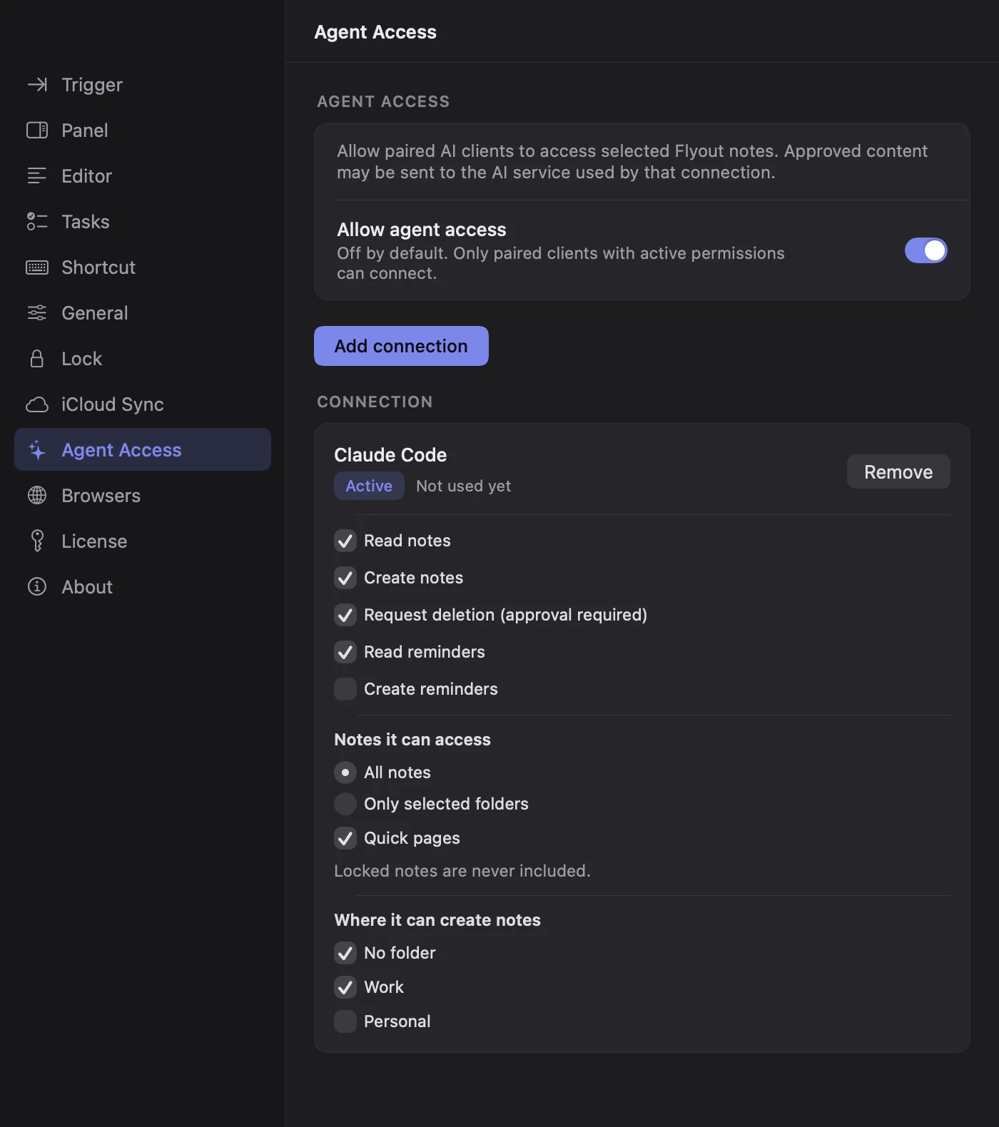 Flyout Settings › Agent Access with a Claude Code connection, its permissions and the folders it can use