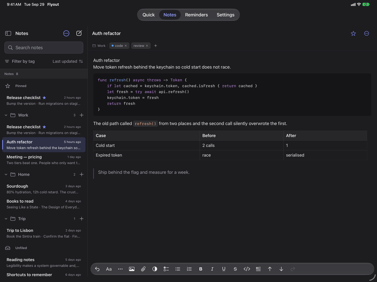 Flyout on iPad with the note list beside the Auth refactor editor, a code block, table and formatting toolbar.