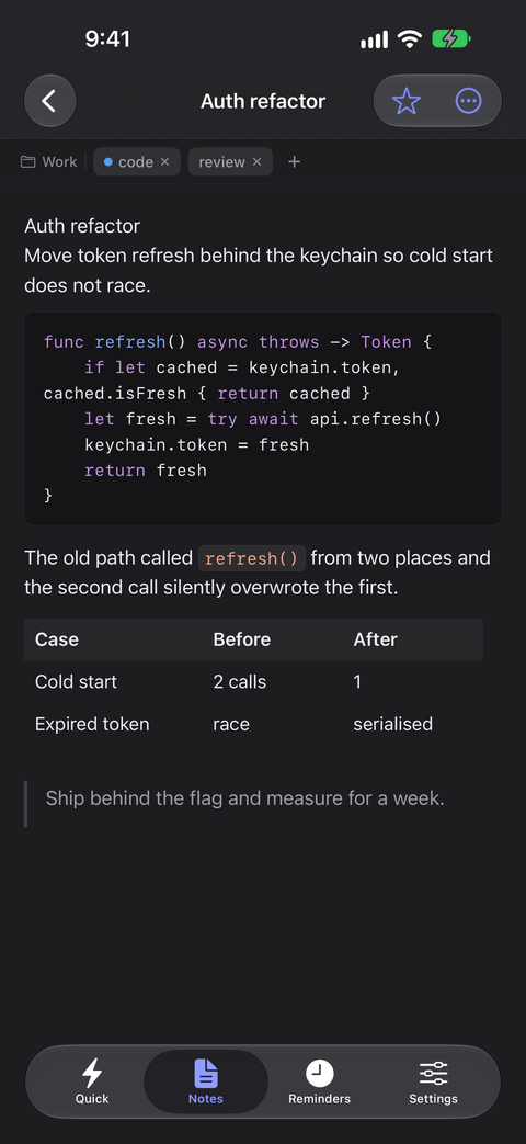 Flyout on iPhone showing the Auth refactor note, tags and a syntax-highlighted code block.