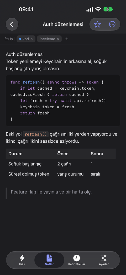 iPhone’da Flyout: Auth refactor notu, etiketler ve sözdizimi renklendirilmiş kod bloğu.